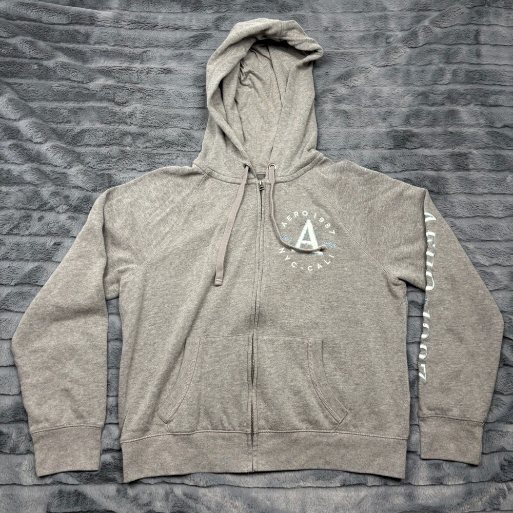 Aeropostale Mens Gray Full Zip Hoodie Aero 1987 Graphic Sweatshirt Large